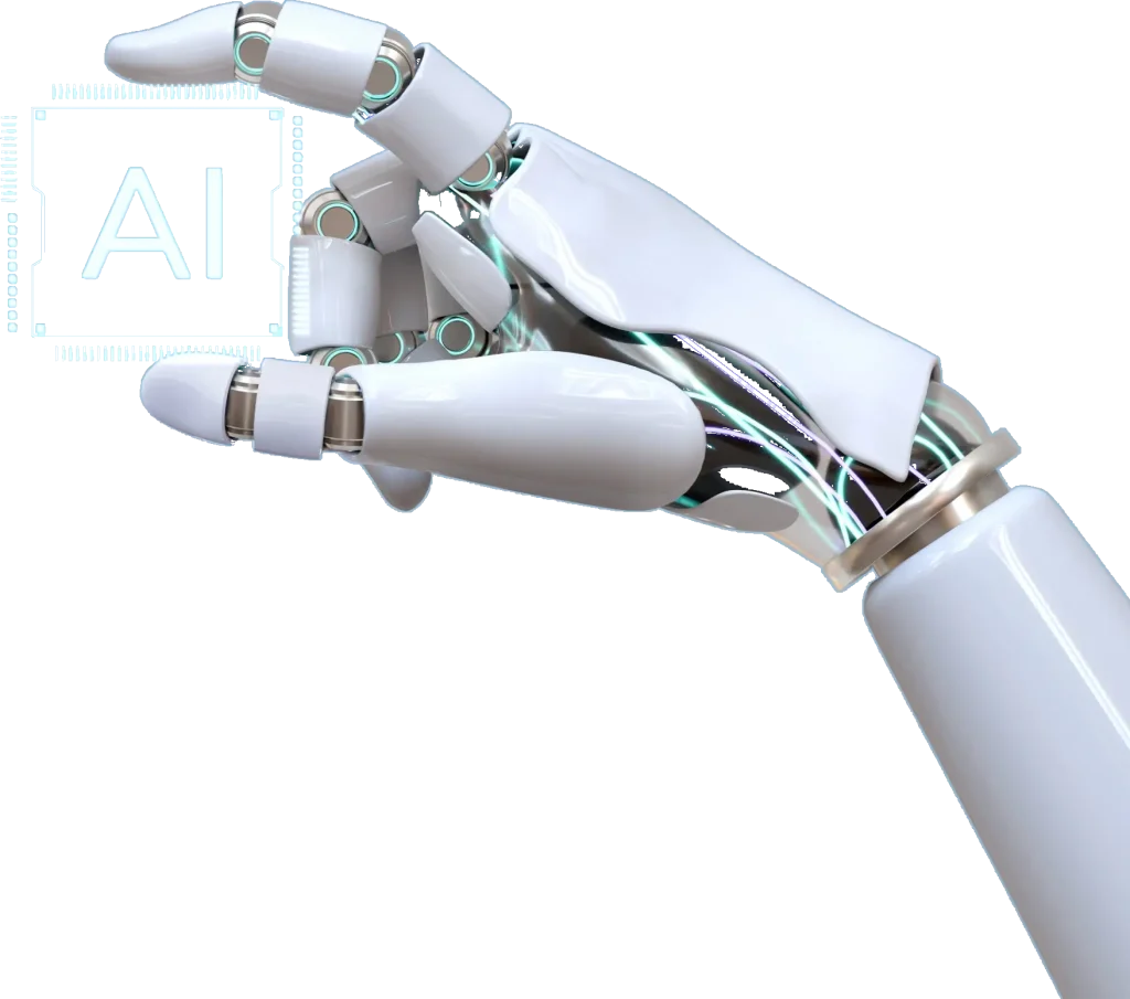 Robot hand holding AI chip representing AI SEO service