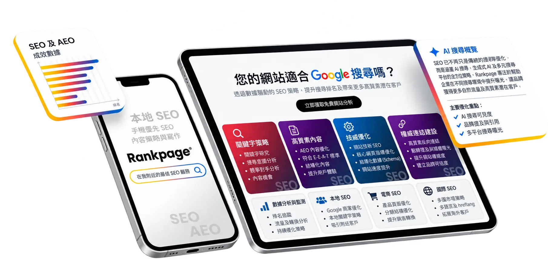 Rankpage 香港 SEO 及 AEO 服務與 AI 搜尋優化示意圖