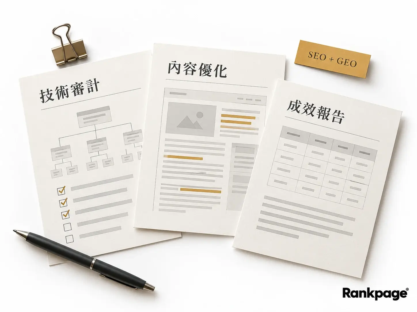 Rankpage SEO 與 GEO 工作示意，涵蓋技術審計、內容優化及成效報告